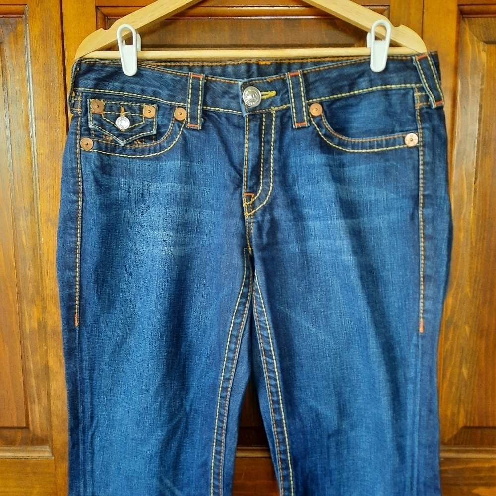 True Religion Joey Big T Twist Leg Flare Dark Wash Thick Stitch Flap Pockets 32 - Picture 2 of 14